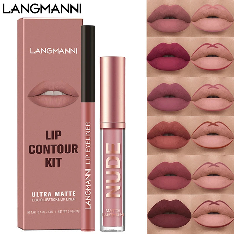 2 in1 Matte Liquid Lipstick + Lip Liner Pens Set, One Step Lips Makeup Kits Velvety Nude Lip Stain Waterproof Long Wear Lip Tint