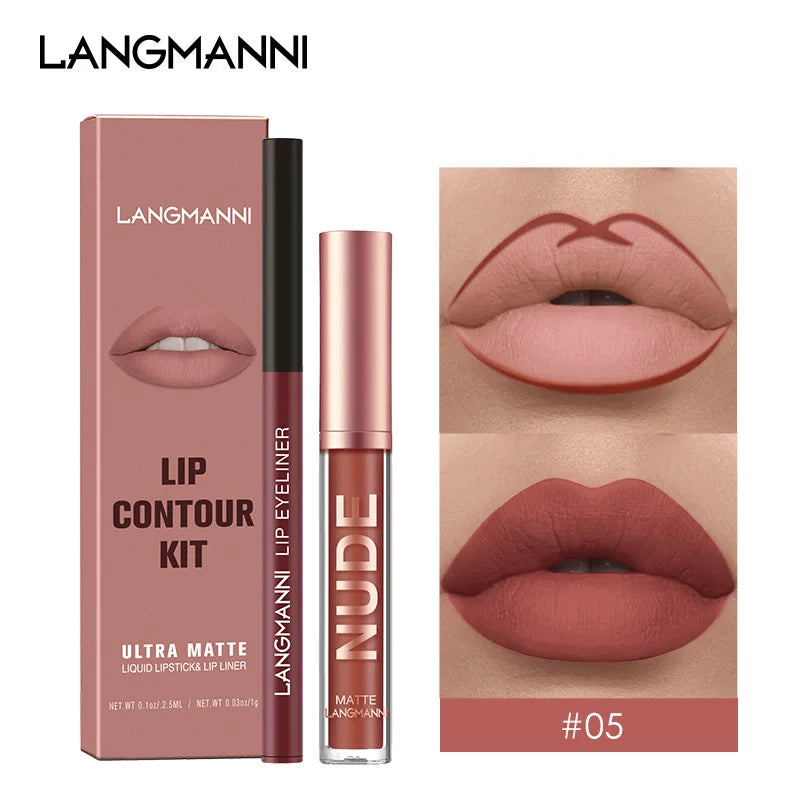 2 in1 Matte Liquid Lipstick + Lip Liner Pens Set, One Step Lips Makeup Kits Velvety Nude Lip Stain Waterproof Long Wear Lip Tint