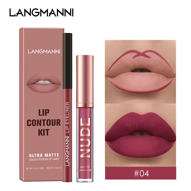 2 in1 Matte Liquid Lipstick + Lip Liner Pens Set, One Step Lips Makeup Kits Velvety Nude Lip Stain Waterproof Long Wear Lip Tint