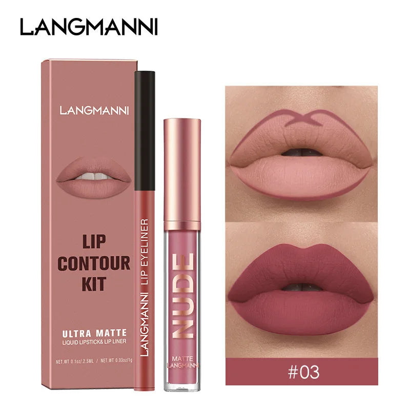 2 in1 Matte Liquid Lipstick + Lip Liner Pens Set, One Step Lips Makeup Kits Velvety Nude Lip Stain Waterproof Long Wear Lip Tint