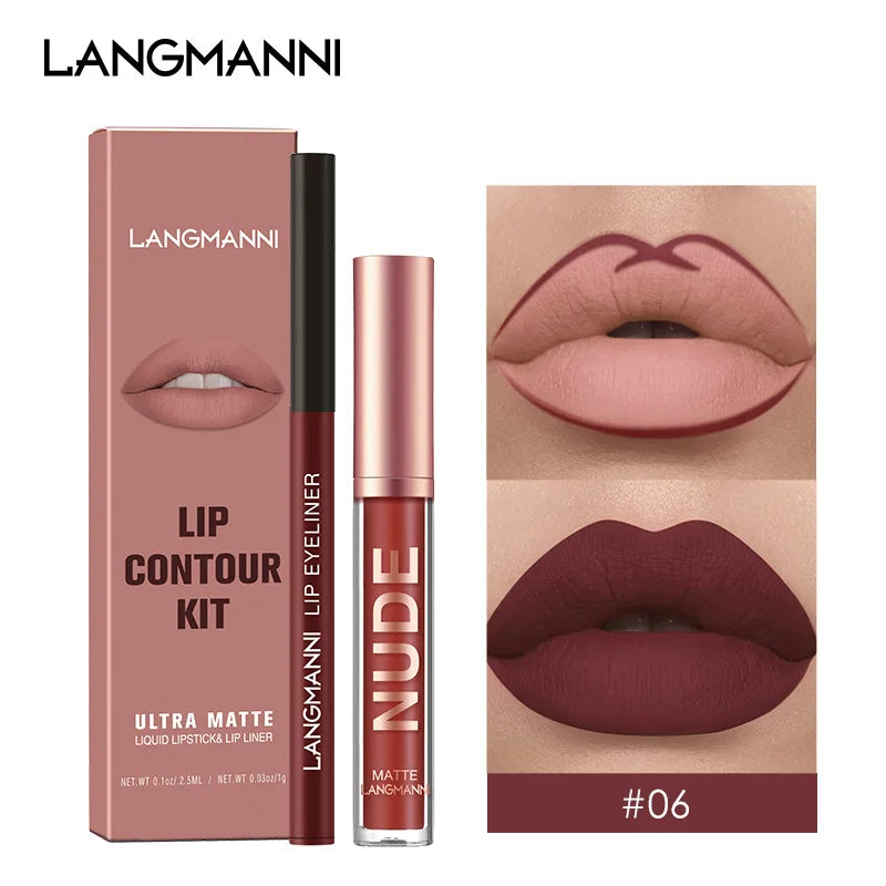 2 in1 Matte Liquid Lipstick + Lip Liner Pens Set, One Step Lips Makeup Kits Velvety Nude Lip Stain Waterproof Long Wear Lip Tint